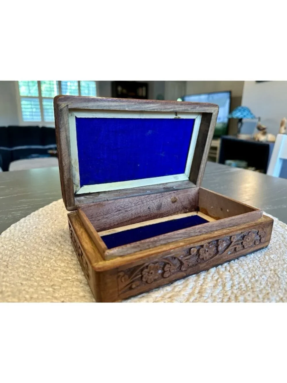 Vintage Carved Wooden Trinket Box Made in India Hinged Lined with Brass Inlay 8”